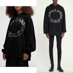 $1005 Burberry Black Rhinestone Embellished Logo Hooded Sweatshirt size Large